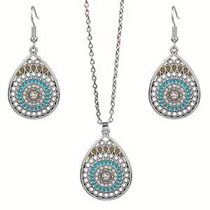 Vintage Sun Catcher Drop Design Necklace & Earring Set - Silver Electro-Plated